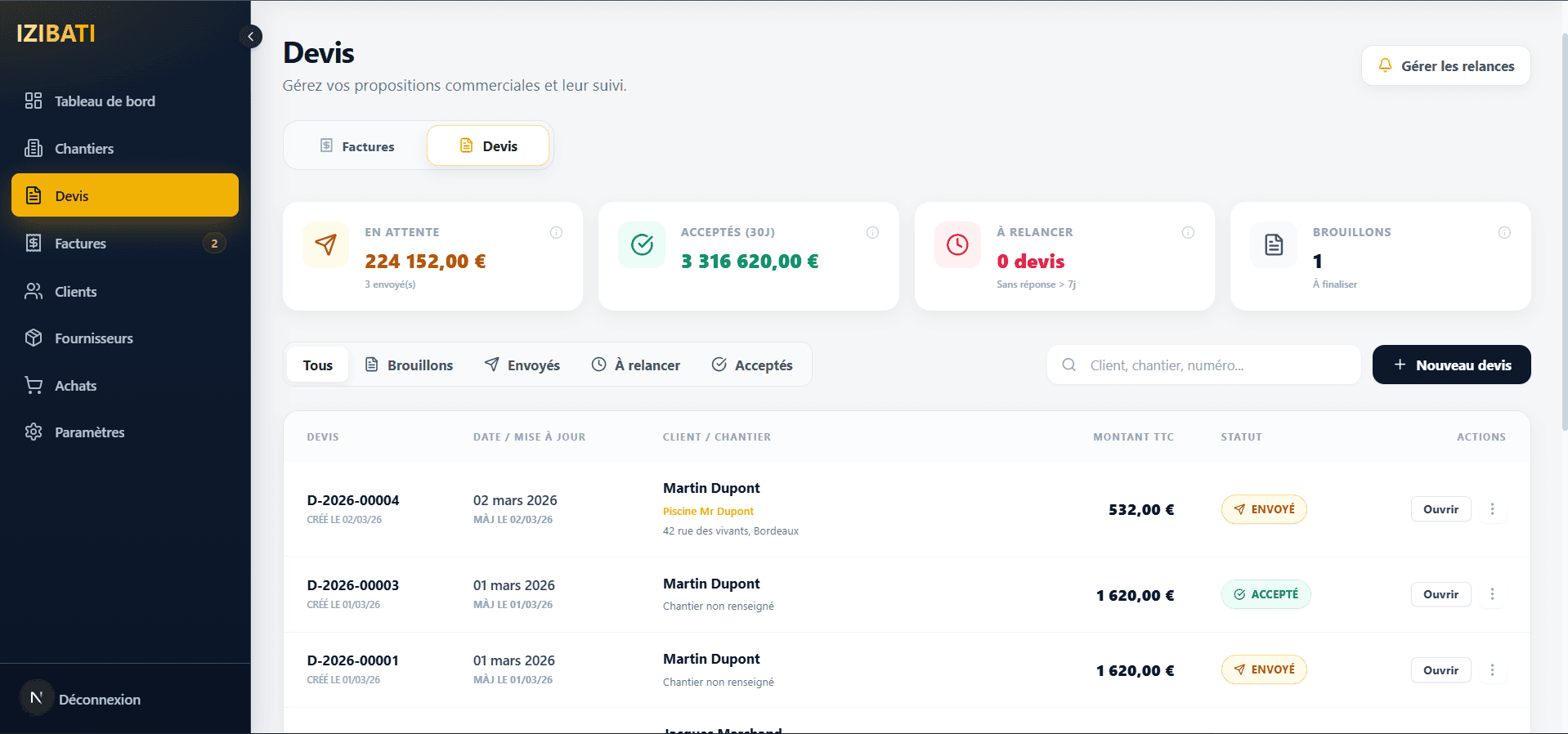 Aperçu Devis en 1 clic