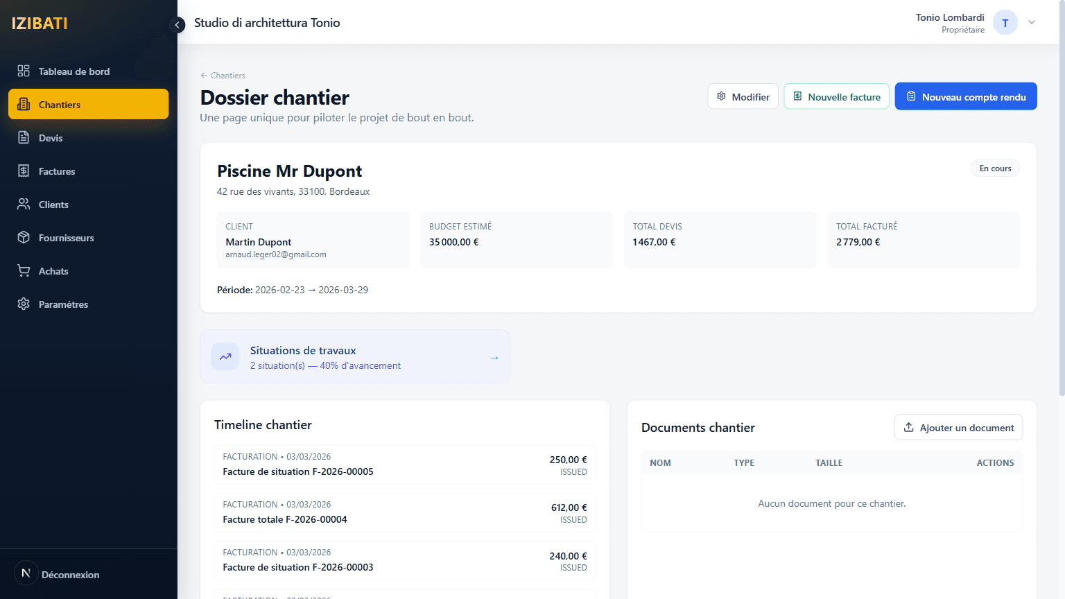 Dossier chantier détaillé dans IZIBATI.