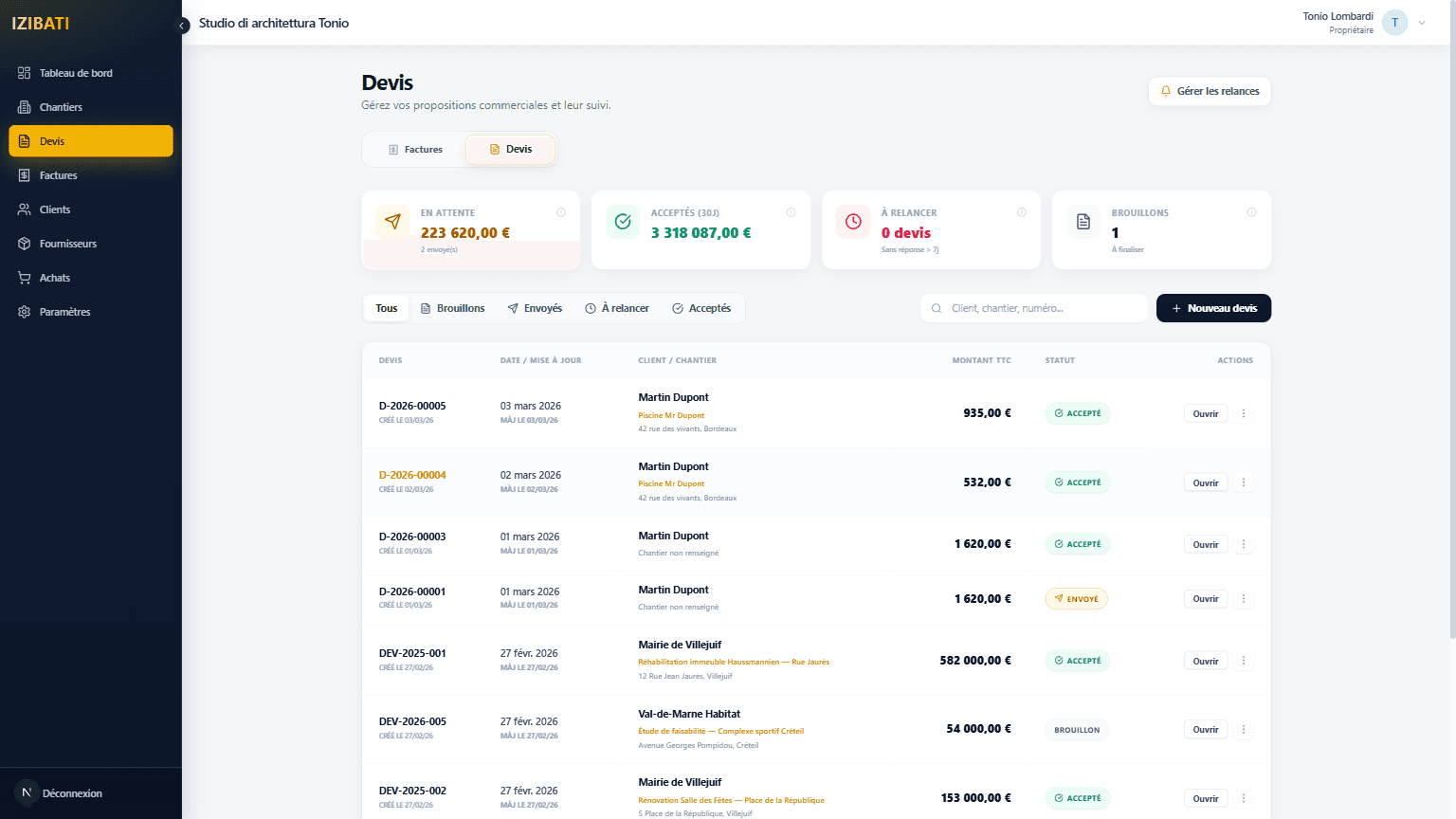 Liste des devis dans IZIBATI.